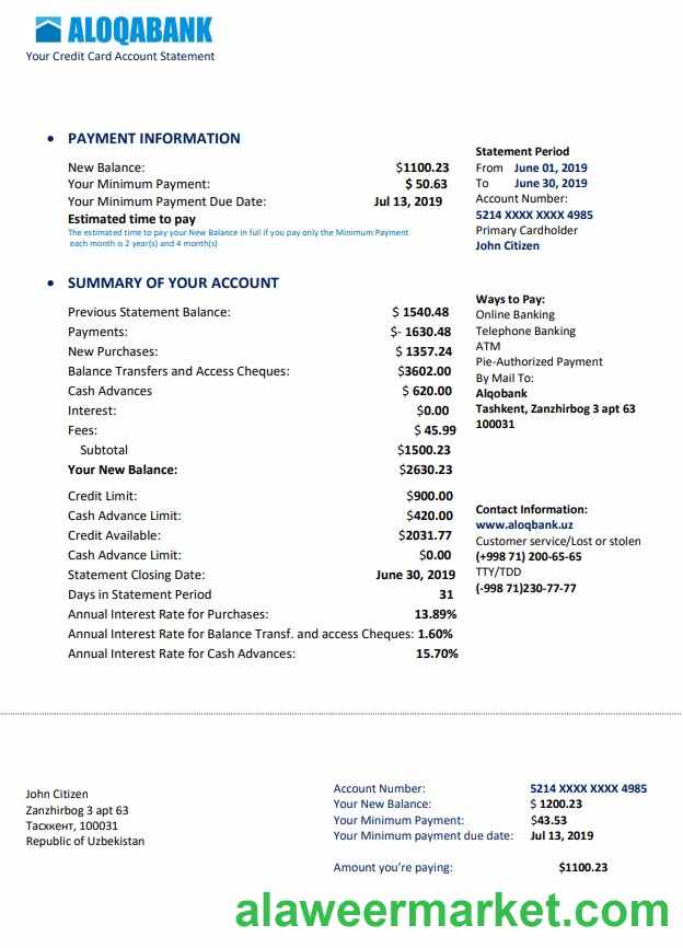 Uzbekistan Aloqabank proof of address statement template in Word and PDF format
